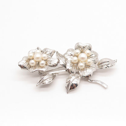 925 Sterling Silver Vintage Real Pearl Floral Leaf Pin Brooch