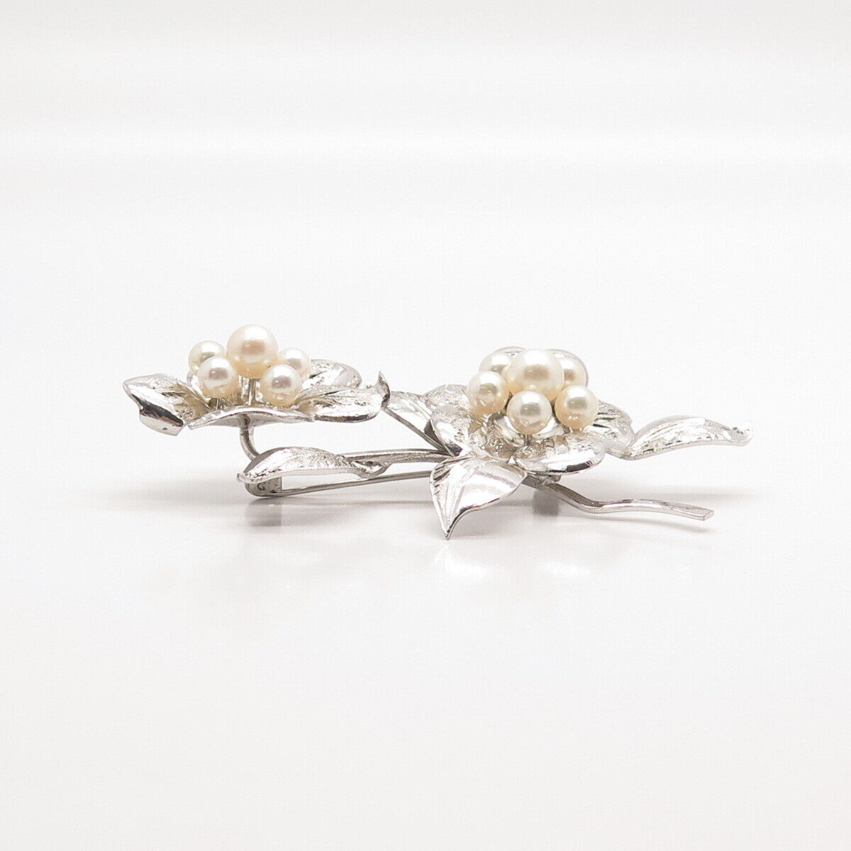 925 Sterling Silver Vintage Real Pearl Floral Leaf Pin Brooch