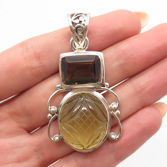 925 Sterling Silver Vintage Real Smoky Quartz & Lemon Citrine Gem Pendant