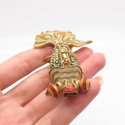 925 Sterling Silver Gold Plated Antique Enamel Chinese Koi Fish Chatelaine Fob