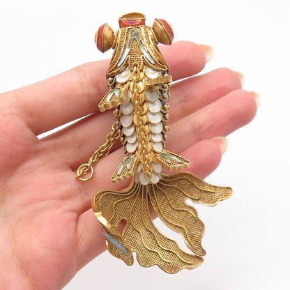 925 Sterling Silver Gold Plated Antique Enamel Chinese Koi Fish Chatelaine Fob
