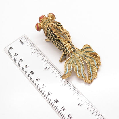 925 Sterling Silver Gold Plated Antique Enamel Chinese Koi Fish Chatelaine Fob