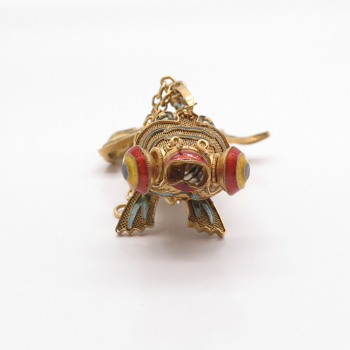 925 Sterling Silver Gold Plated Antique Enamel Chinese Koi Fish Chatelaine Fob