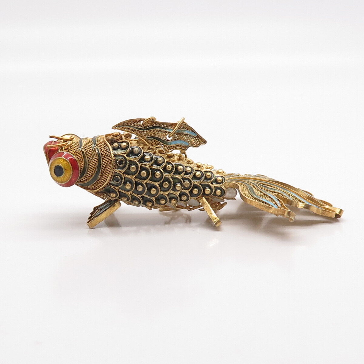 925 Sterling Silver Gold Plated Antique Enamel Chinese Koi Fish Chatelaine Fob