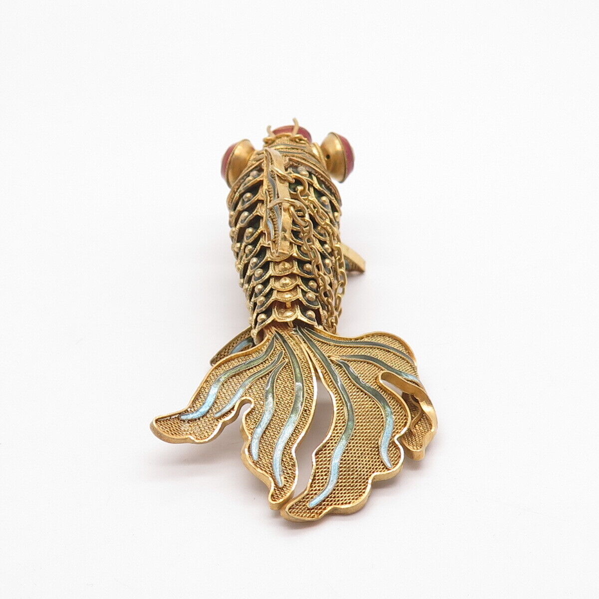 925 Sterling Silver Gold Plated Antique Enamel Chinese Koi Fish Chatelaine Fob