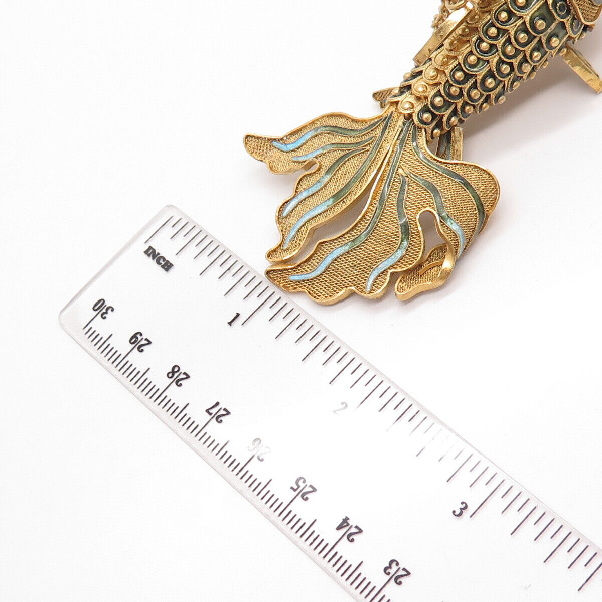 925 Sterling Silver Gold Plated Antique Enamel Chinese Koi Fish Chatelaine Fob