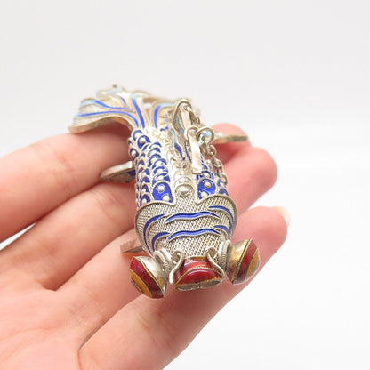 925 Sterling Silver Antique Enamel Chinese Koi Fish Chatelaine Fob / Pendant