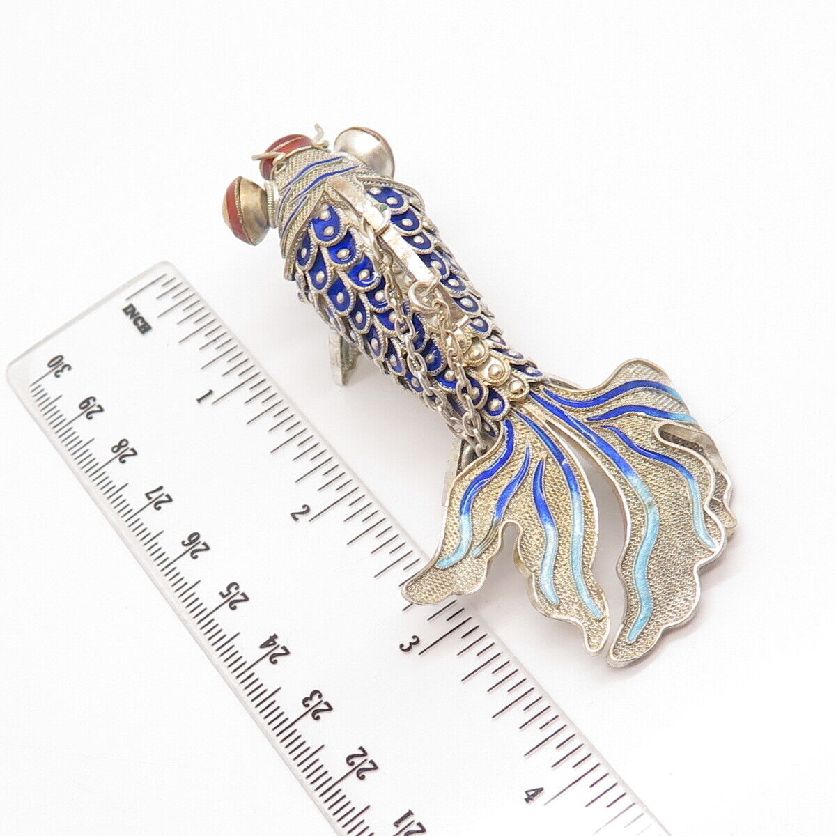 925 Sterling Silver Antique Enamel Chinese Koi Fish Chatelaine Fob / Pendant