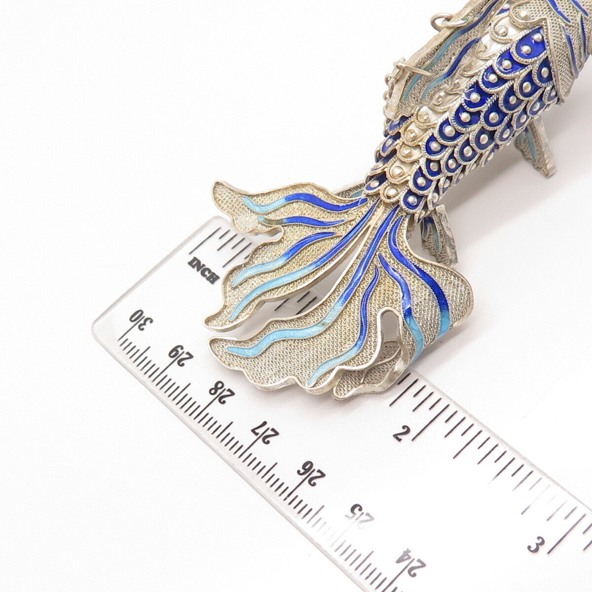 925 Sterling Silver Antique Enamel Chinese Koi Fish Chatelaine Fob / Pendant