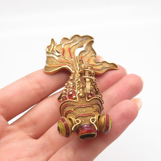 925 Sterling Silver Gold Plated Antique Enamel Chinese Koi Fish Chatelaine Fob