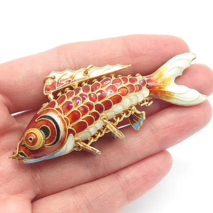 925 Sterling Silver Antique Gold Plated Enamel Chinese Koi Fish Chatelaine Fob