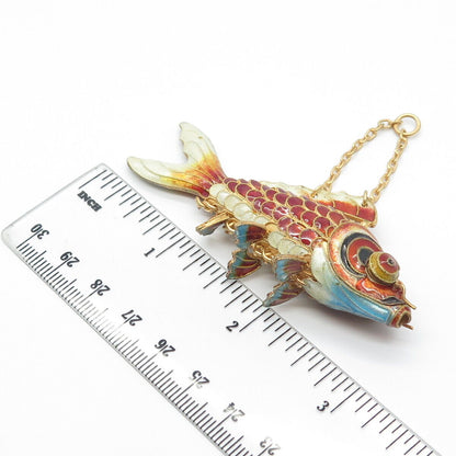 925 Sterling Silver Antique Gold Plated Enamel Chinese Koi Fish Chatelaine Fob