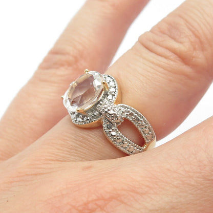 925 Sterling Silver Gold Plated DBJ Real Light Blue Topaz Gem Oval Ring Size 5