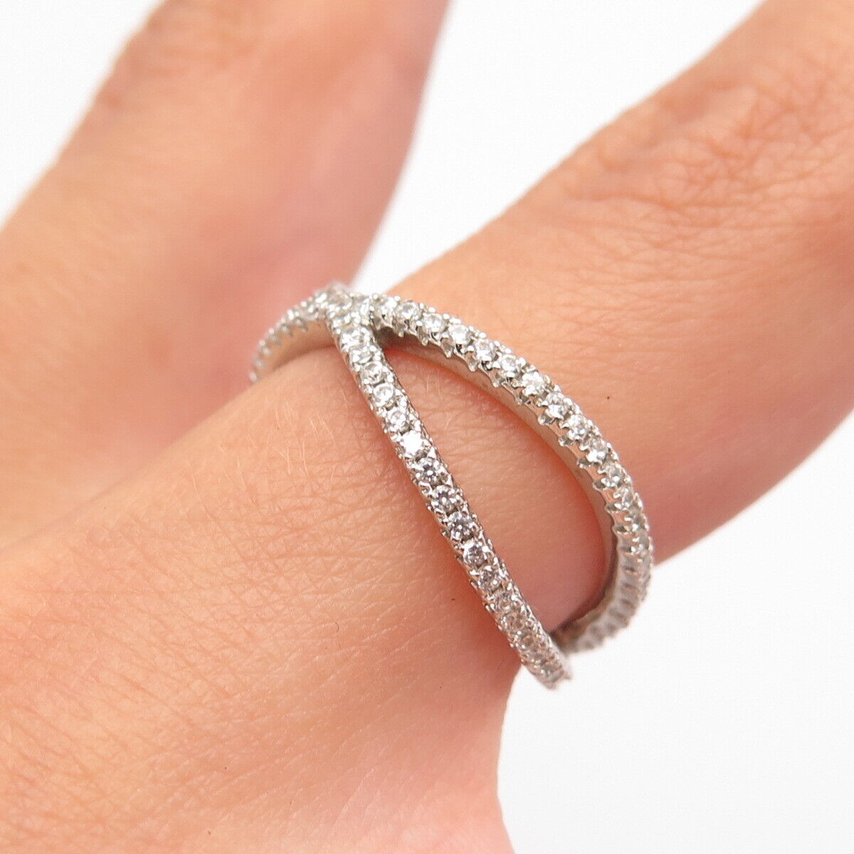 925 Sterling Silver Pave C Z Crossover Band Ring Size 5