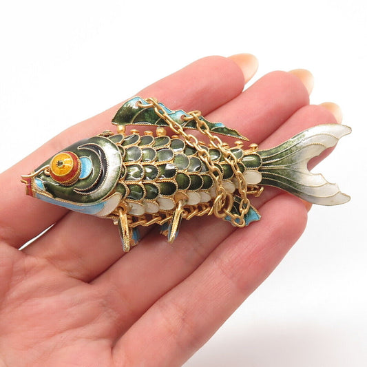 925 Sterling Silver Gold Plated Antique Colorful Enamel Fish Pendant w/Chain