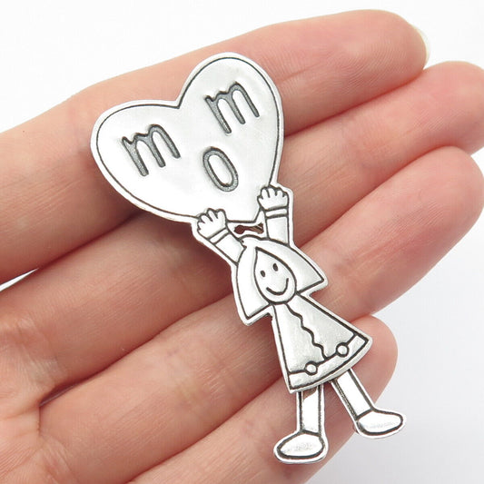 925 Sterling Silver Vintage Mexico EFS Girl Holding "MOM" Heart Pin Brooch