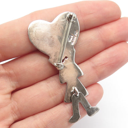 925 Sterling Silver Vintage Mexico EFS Girl Holding "MOM" Heart Pin Brooch