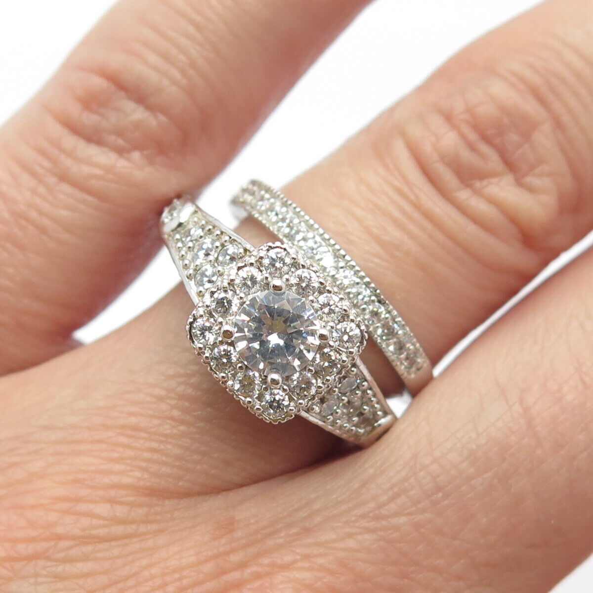 925 Sterling Silver C Z Set of Two Stackable Ring Size 7.25