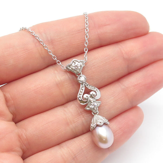 925 Sterling Silver C Z & Faux Pearl Ornate Pendant Cable Chain Necklace 18"