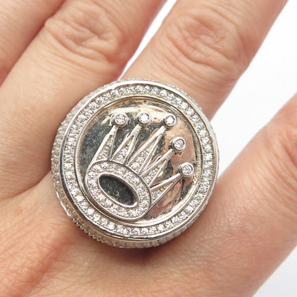 925 Sterling Silver Pave C Z Crown Wide Ring Size 12