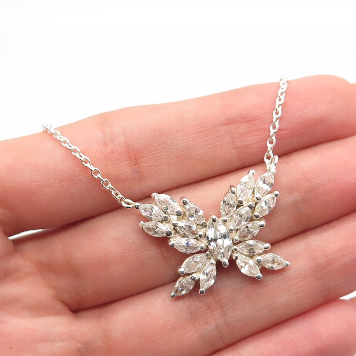 925 Sterling Silver Marquise-Cut C Z Rolo Chain Necklace 17"