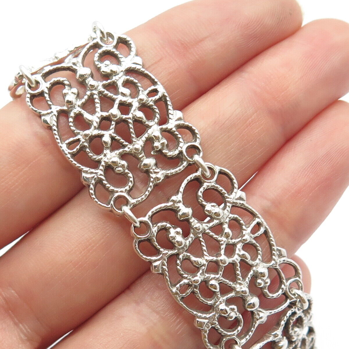 830 Silver Antique S.I.F. Ornate Wide Panel Link Bracelet 7.5"