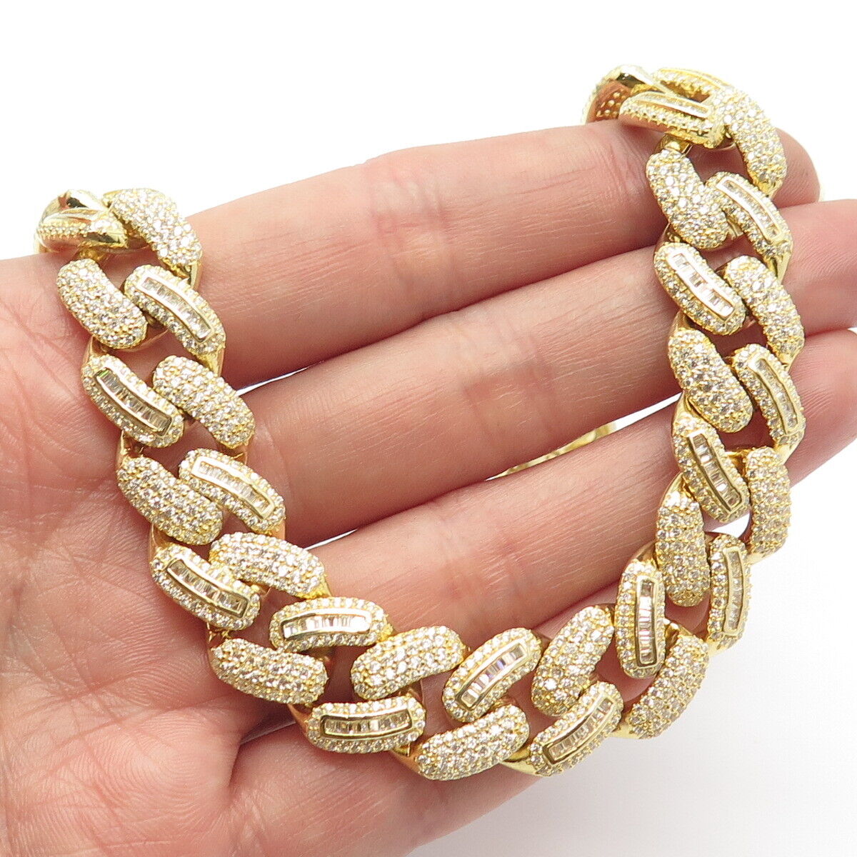 925 Sterling Silver Gold Plated C Z Heavy Cuban Chain Necklace 18"