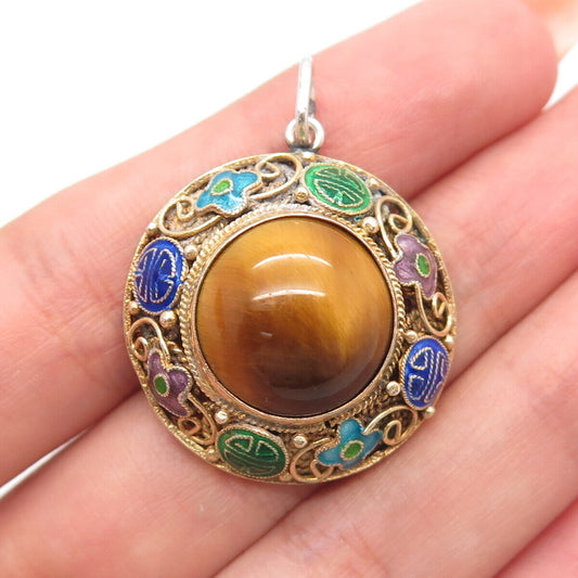 925 Sterling Silver Gold Plated Antique Real Tiger Eye Enamel Pendant