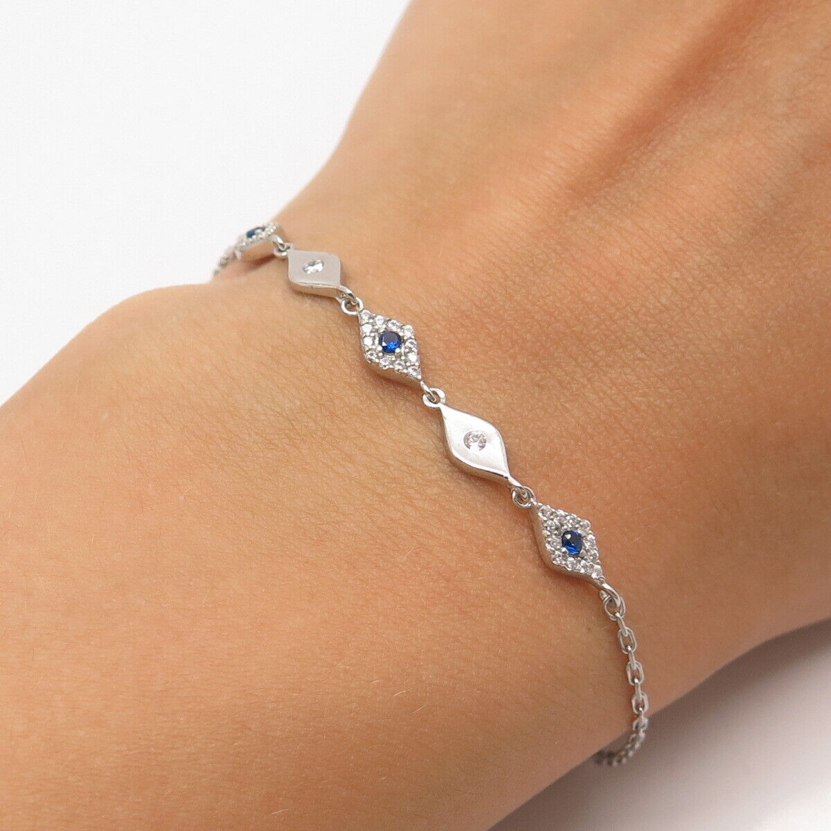 925 Sterling Silver White & Blue C Z Rolo Link Bracelet 7.75"