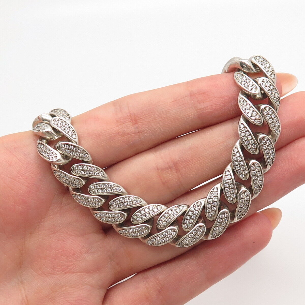 925 Sterling Silver Pave C Z Cuban Chain Necklace 16"