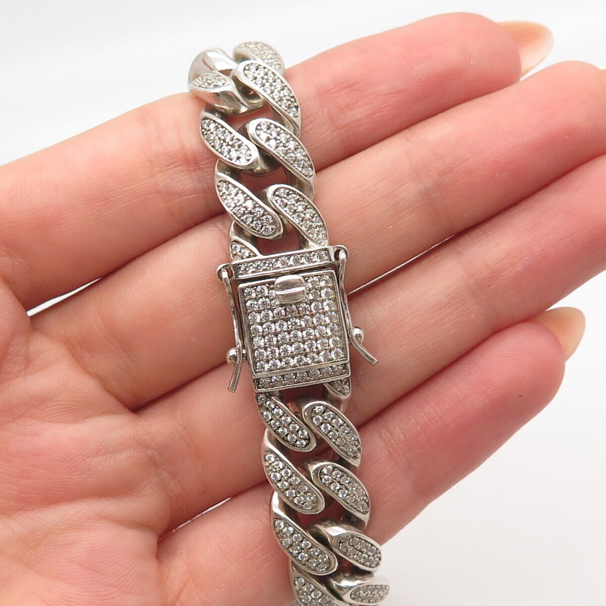 925 Sterling Silver Pave C Z Cuban Chain Necklace 16"