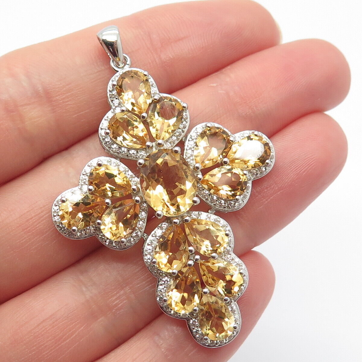 925 Sterling Silver Real Citrine Gemstone & C Z Cross Pendant