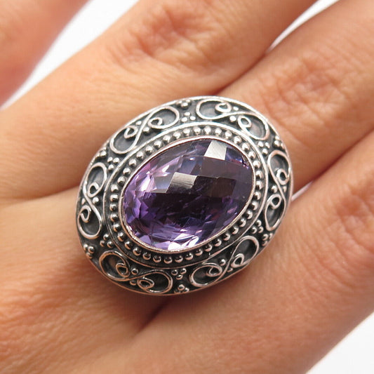 925 Sterling Silver Vintage Real Amethyst Gemstone Ethnic Wide Ring Size 6.5