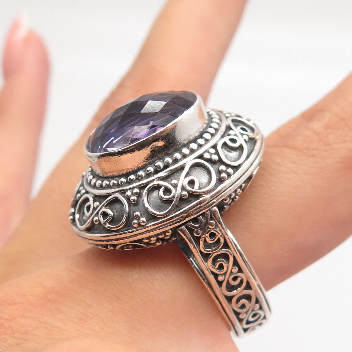 925 Sterling Silver Vintage Real Amethyst Gemstone Ethnic Wide Ring Size 6.5