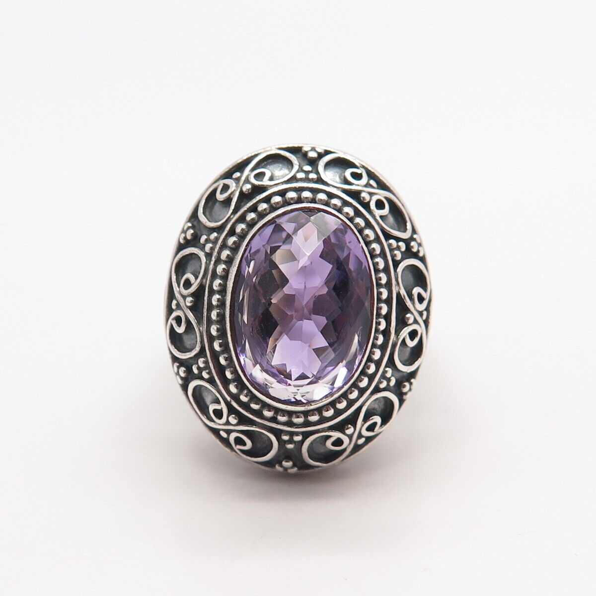 925 Sterling Silver Vintage Real Amethyst Gemstone Ethnic Wide Ring Size 6.5