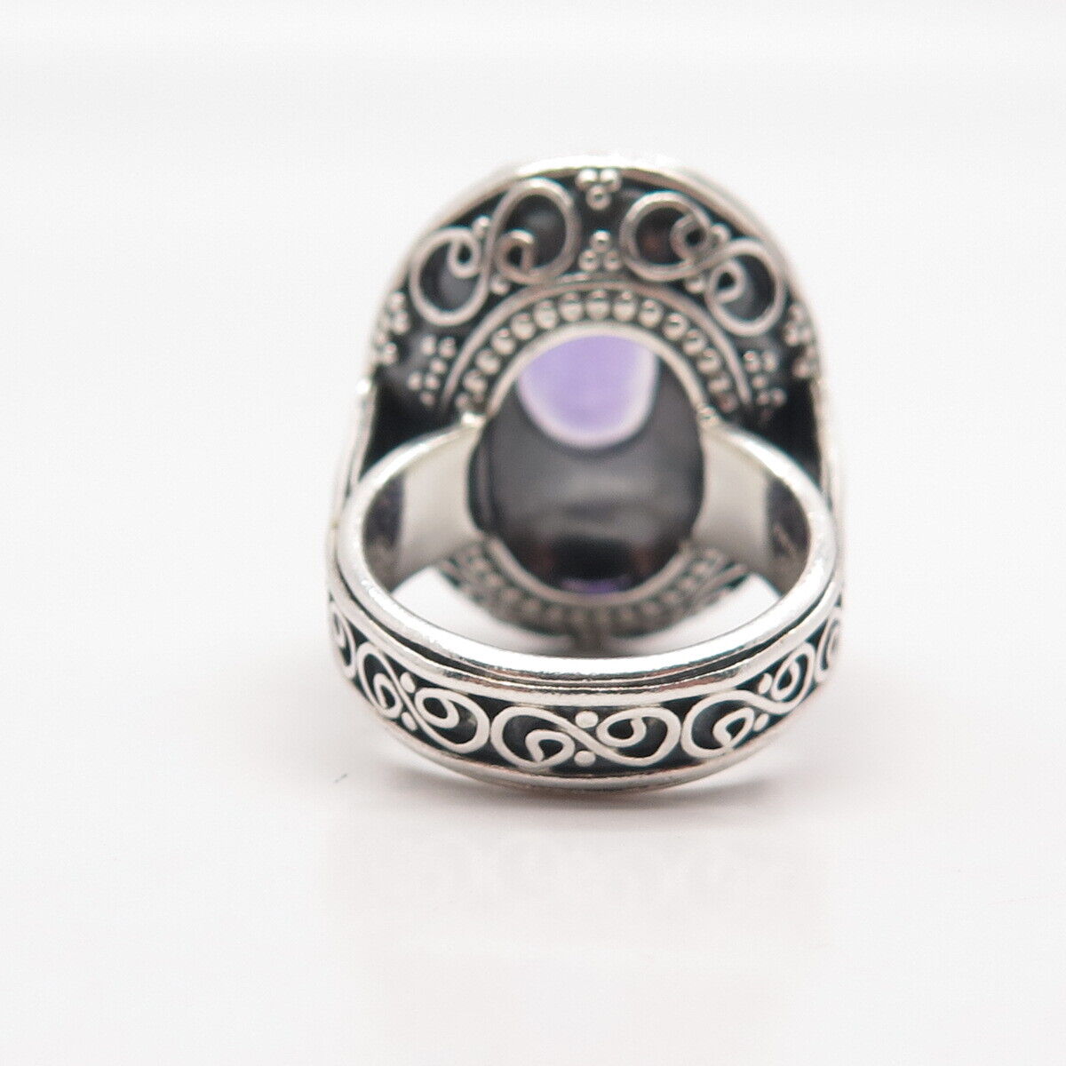 925 Sterling Silver Vintage Real Amethyst Gemstone Ethnic Wide Ring Size 6.5