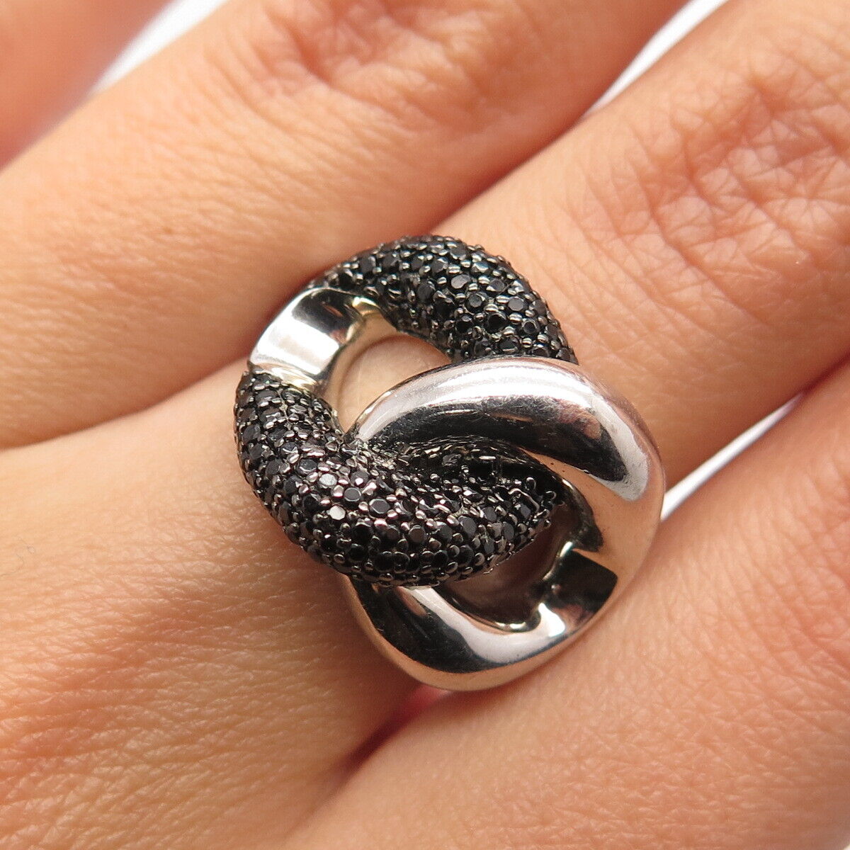 925 Sterling Silver Real Melanite Gem Double Circle Ring Size 7