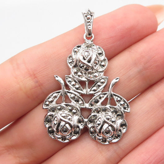 925 Sterling Silver Vintage Real Marcasite Gemstone Rose Floral Pendant