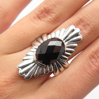 925 Sterling Silver Vintage Real Melanite Gem Ribbed Statement Ring Size 8.25