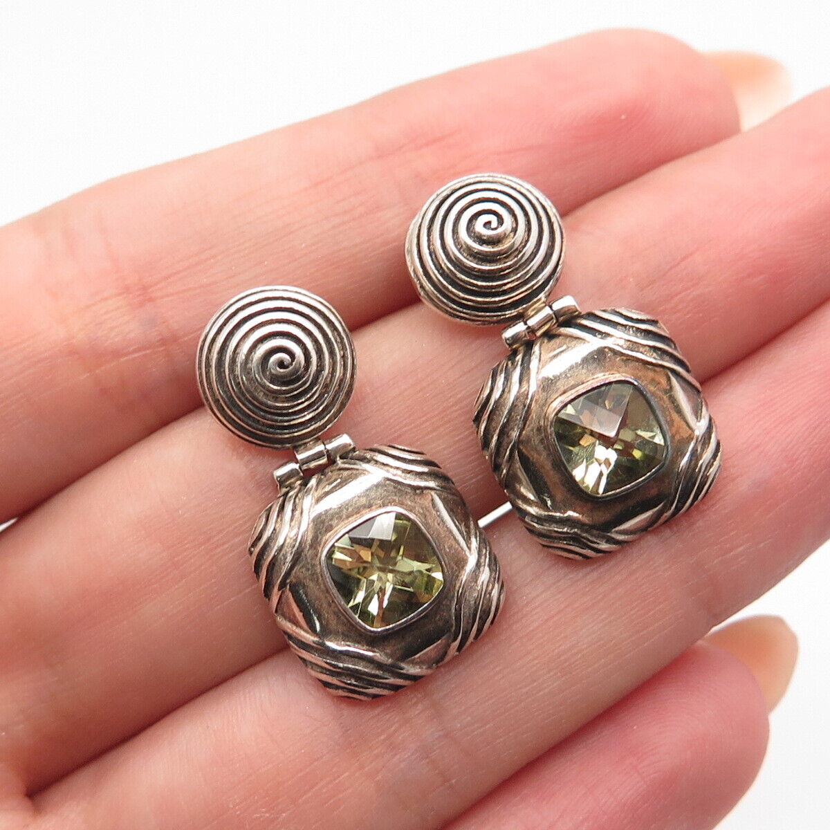 925 Sterling Silver Vintage Real Peridot Gem Swirl Door Knocker Earrings