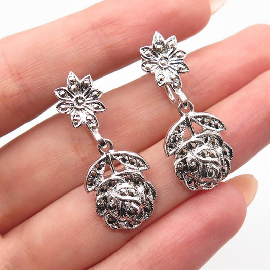 925 Sterling Silver Vintage Real Marcasite Gemstone Floral Dangling Earrings