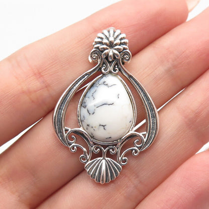 925 Sterling Silver Vintage Real White Agate Gemstone Ornate Slide Pendant