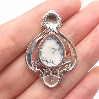 925 Sterling Silver Vintage Real White Agate Gemstone Ornate Slide Pendant