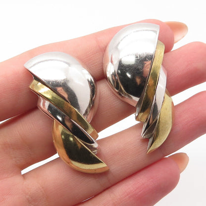 925 Sterling Silver 2-Tone Vintage Mexico Modernist Large Clip On Earrings