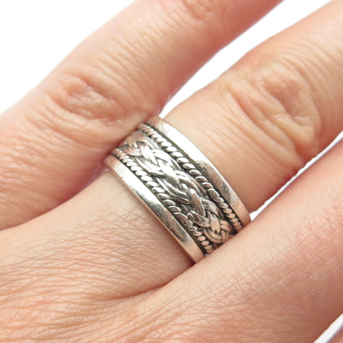 925 Sterling Silver Vintage GeoArt Braided Rotating Band Ring Size 6