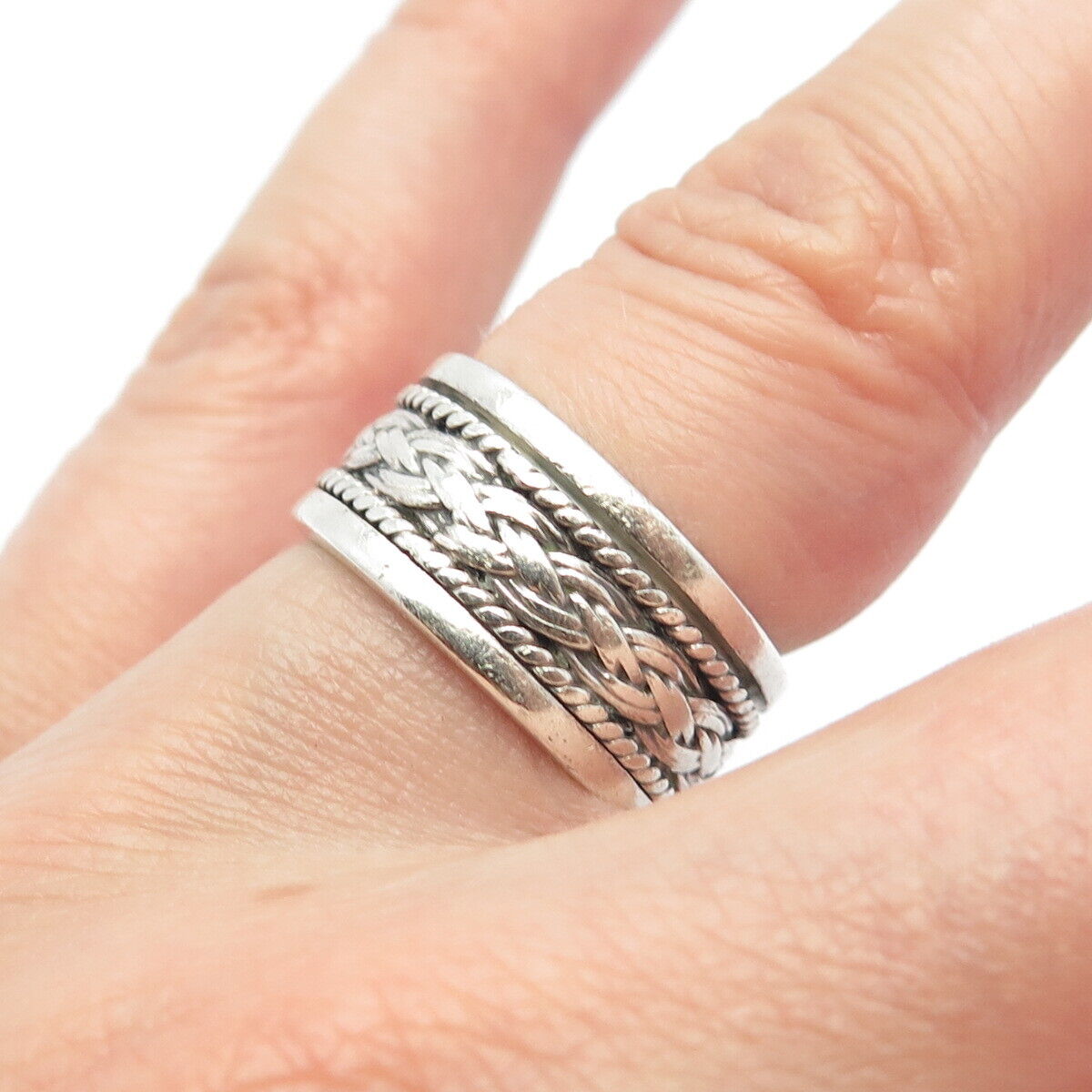 925 Sterling Silver Vintage GeoArt Braided Rotating Band Ring Size 6