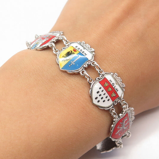 800 Silver Vintage REU Colorful Enamel Assorted Coat of Arms Bracelet 8"