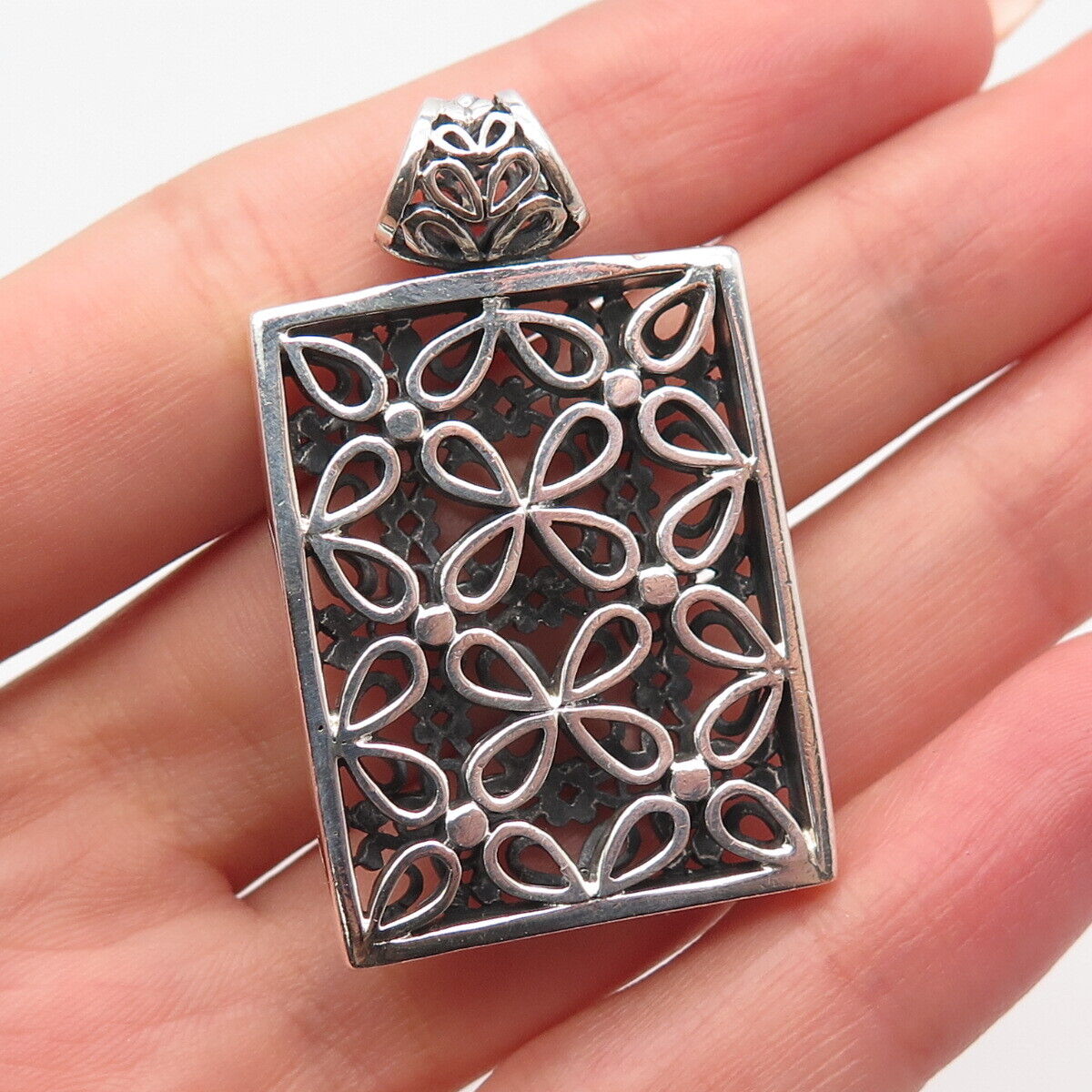 925 Sterling Silver Vintage Ornate Rectangle Pendant