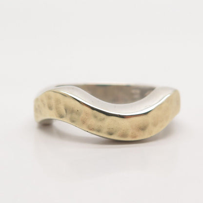 925 Sterling Silver / 14K Gold Vintage Hammered Wavy Ring Size 7.5