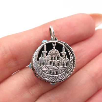 925 Sterling Silver Antique Real Turquoise Gem Building Charm Pendant